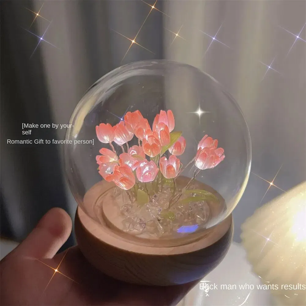 Color: Gold - Artificial Tulip Flower Night Light Handmade DIY Bedside Lamp LED Night Lamp Bedroom Decor Christmas Birthday Gifts Table Lamp
