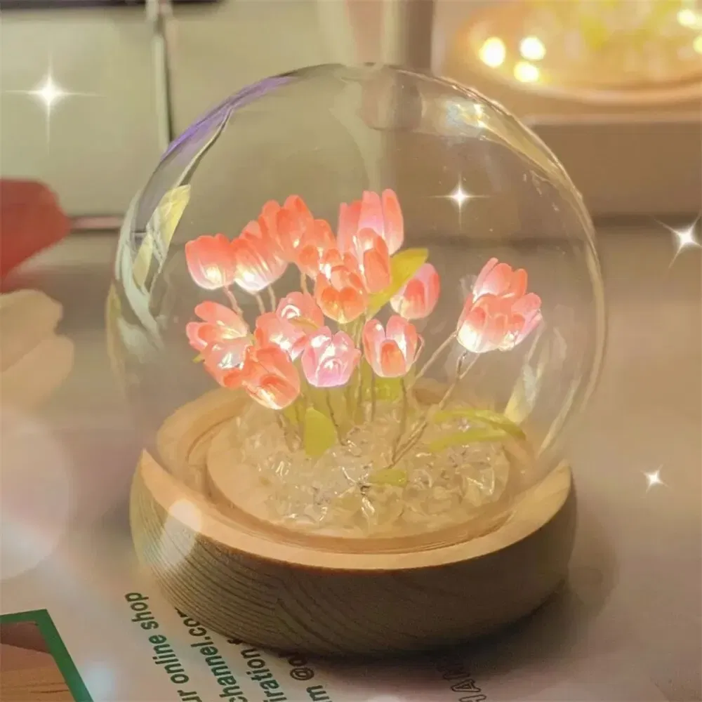 Color: Gold - Artificial Tulip Flower Night Light Handmade DIY Bedside Lamp LED Night Lamp Bedroom Decor Christmas Birthday Gifts Table Lamp