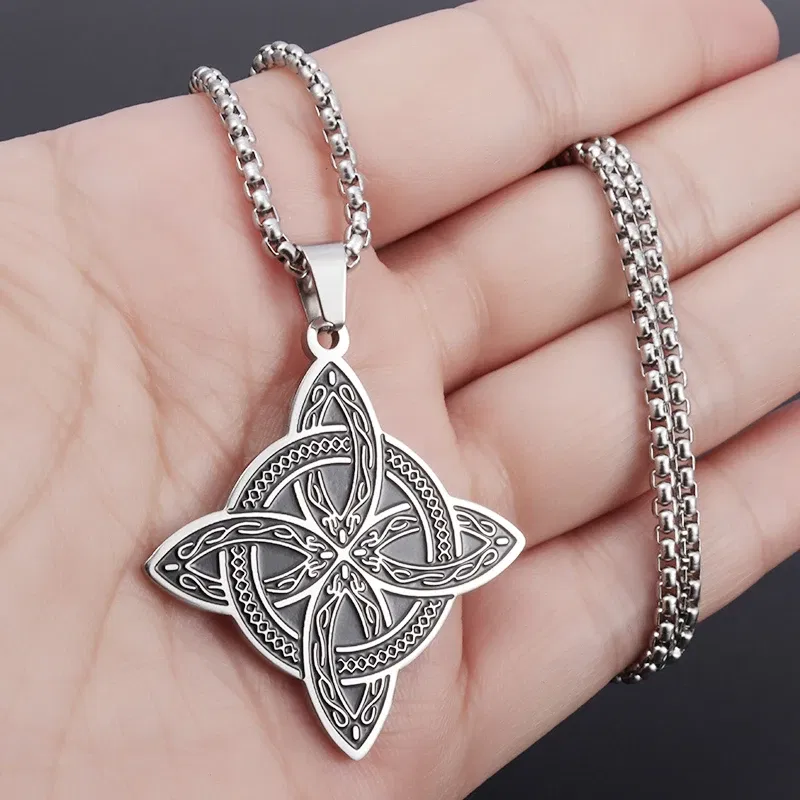 Metal Color: BRASS PLATED - Stainless Steel Silver Color Pattern Witch Knot Pendant Necklace Celtic Knot Lucky Jewelry Gift for Friends Family