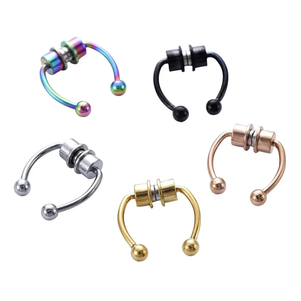 Metal color: Rhodium Plated - Women Fake Piercing Nose Ring Hoop Septum Non Piercing Nose Clip Rock HipHoop Stainless Steel Magnet Fashion Punk Body Jewelry