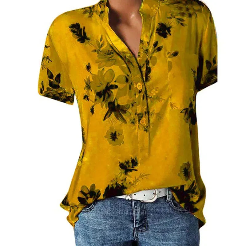 Color: Khaki, Size: L - Temperament new women's shirt printing large size casual shirt loose V-neck short-sleeved shirt blouse
