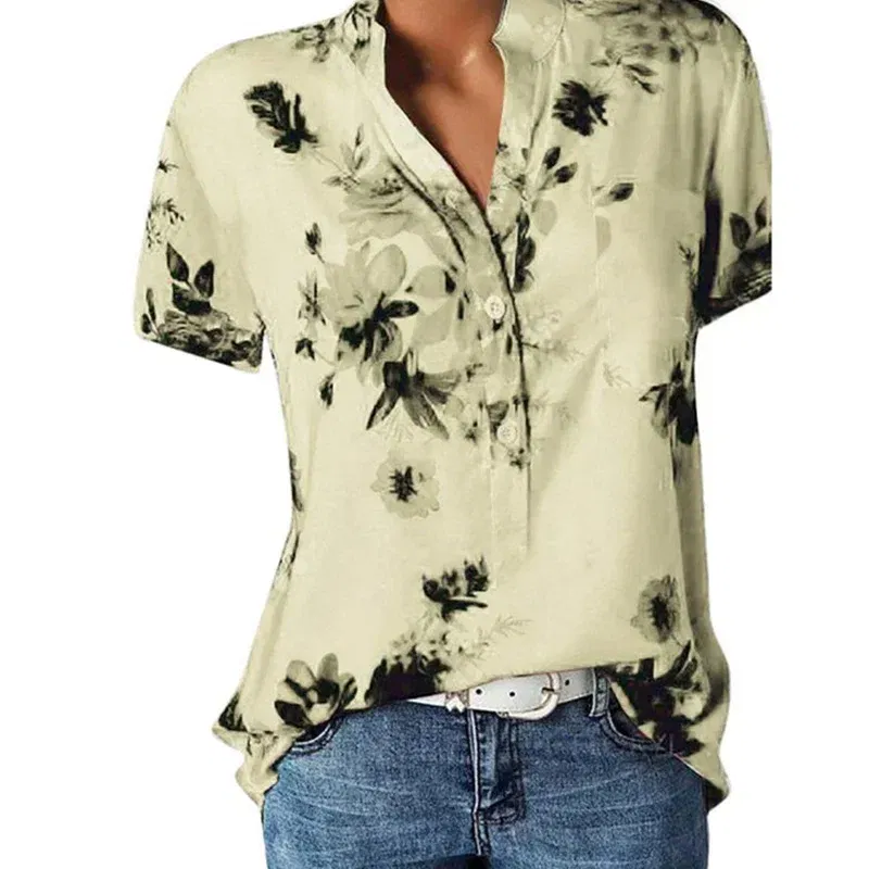 Color: Khaki, Size: L - Temperament new women's shirt printing large size casual shirt loose V-neck short-sleeved shirt blouse