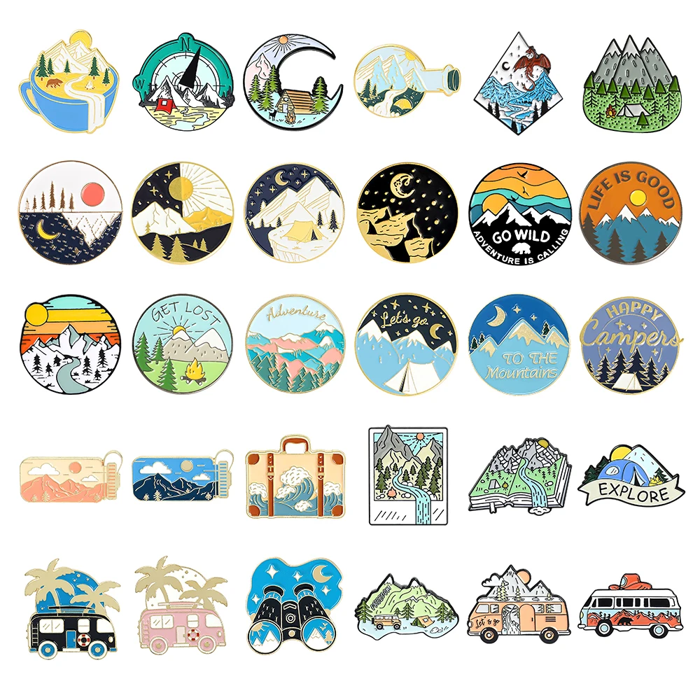 Metal color: Gold-color - Travel Brooch Field Crossing Hiking Scenery Snow Scene Mountain Peak Alloy Clothing Accessories Backpack Brooch Badge Lapel Pins