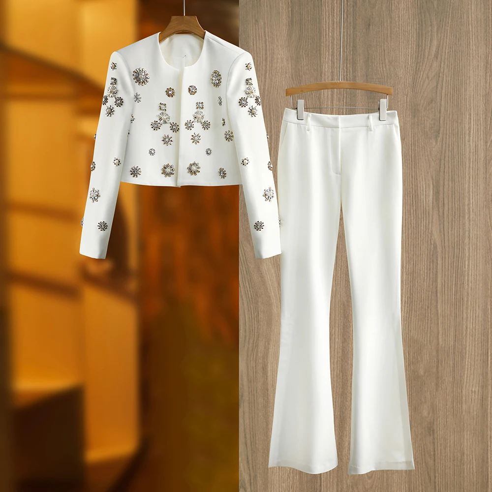 Color: WHITE, Size: XL, Ships From: CHINA - Luxury Design Handmade Spark Rhinestone Women 2PCS Pants Suits Short Jacket Wide-leg Trousers High Street White Twin Sets