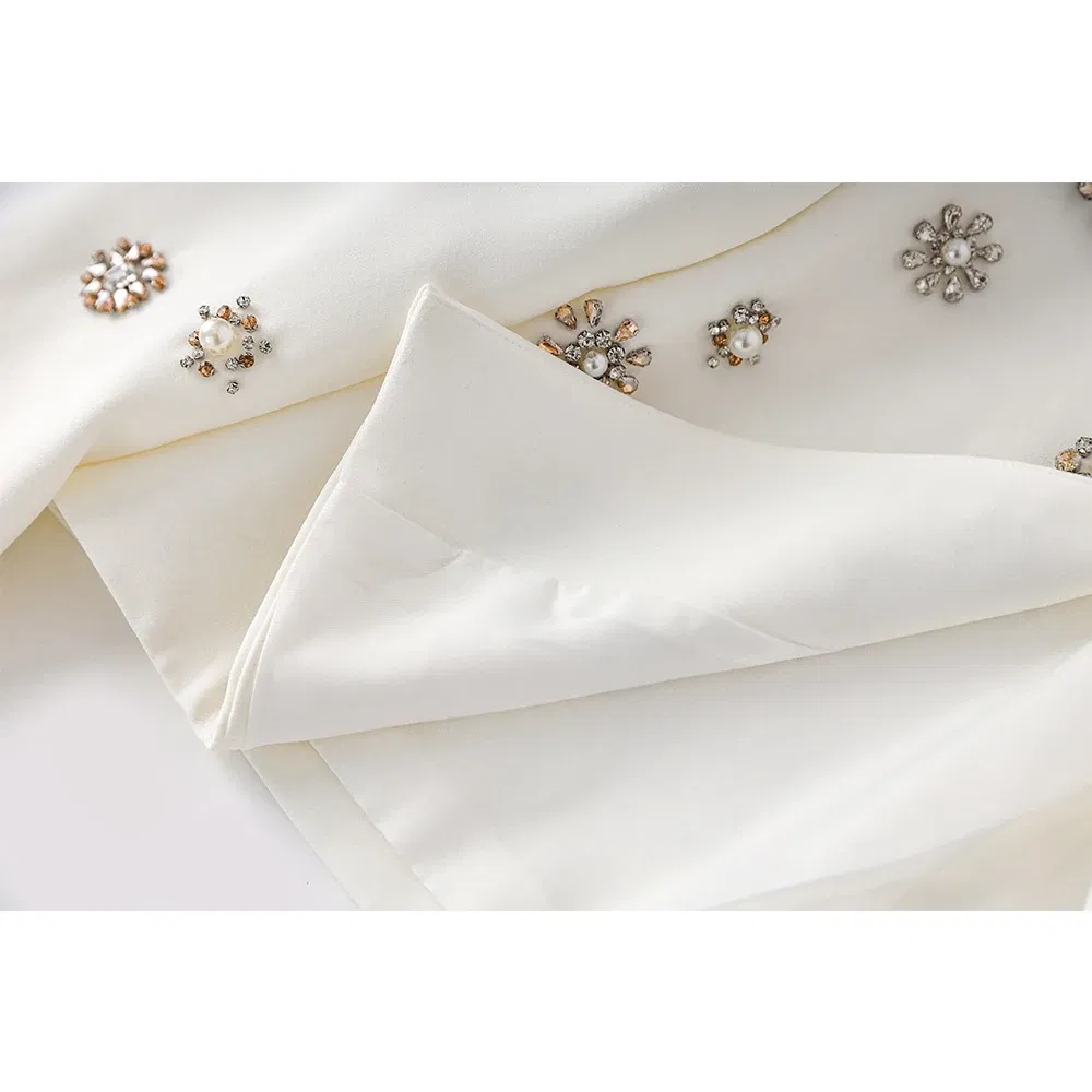 Color: WHITE, Size: XL, Ships From: CHINA - Luxury Design Handmade Spark Rhinestone Women 2PCS Pants Suits Short Jacket Wide-leg Trousers High Street White Twin Sets