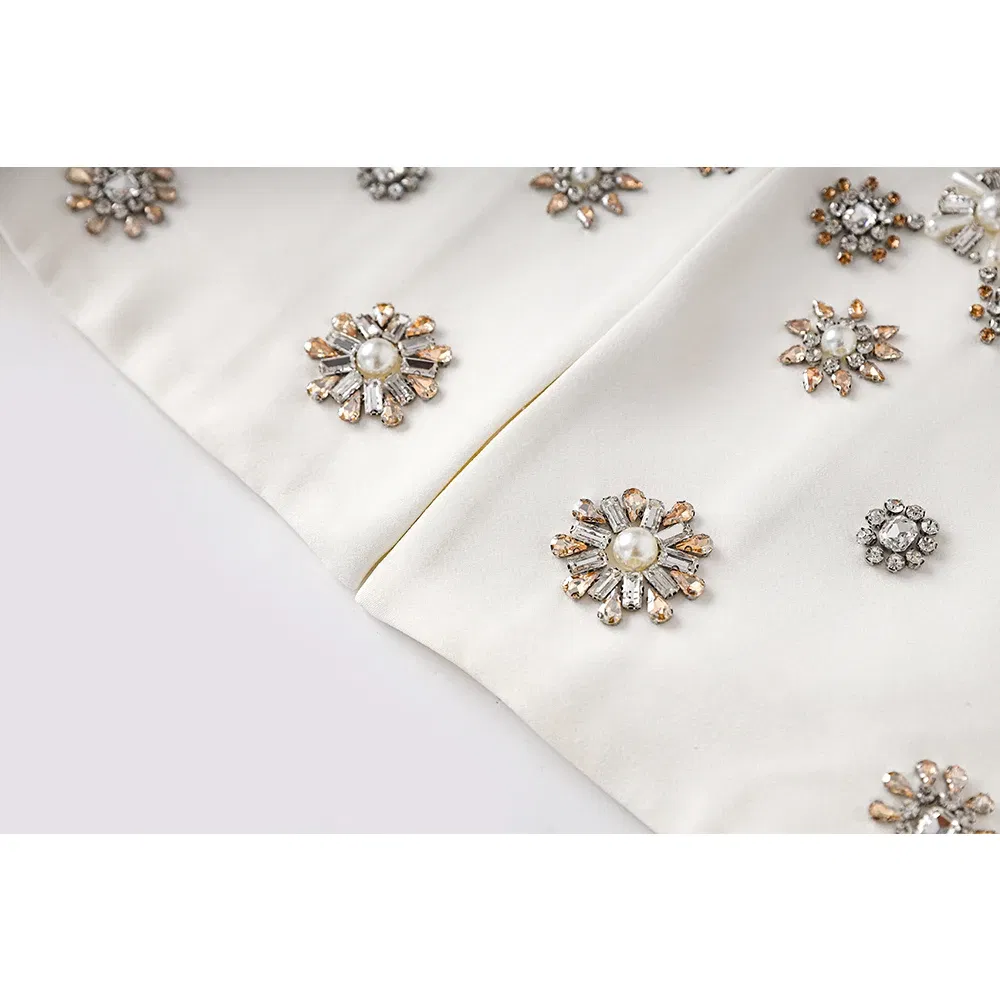 Color: WHITE, Size: XL, Ships From: CHINA - Luxury Design Handmade Spark Rhinestone Women 2PCS Pants Suits Short Jacket Wide-leg Trousers High Street White Twin Sets