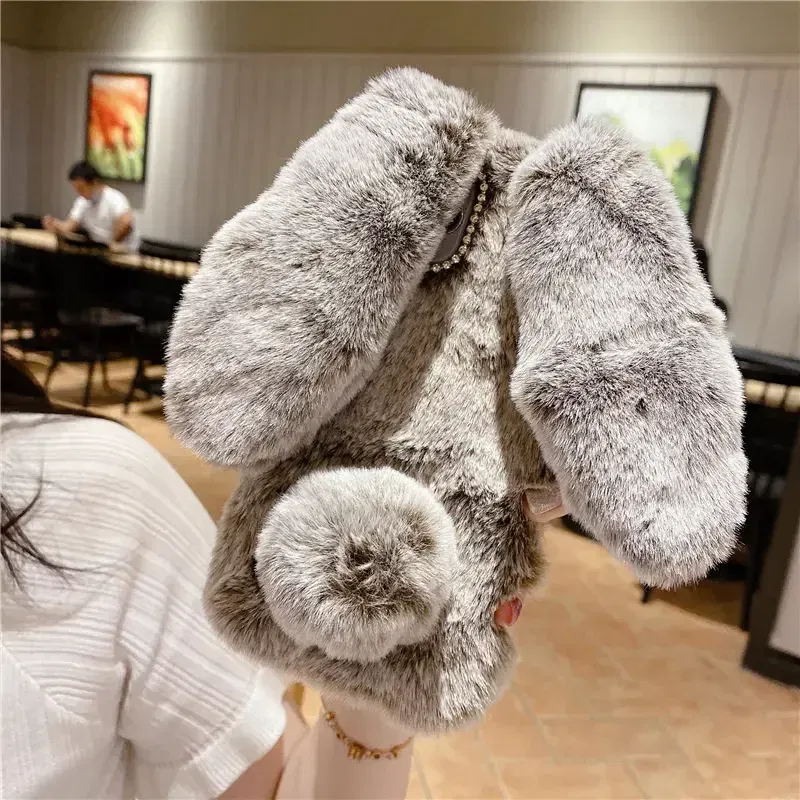 Color: Blue, Material: Wood - Warm Plush Rabbit Fluffy fur Cover for Samsung A15 A25 A35 A55 A14 A24 A34 A54 A13 A23 A33 A53 A12 A22 A32 A52 A51 Phone Case