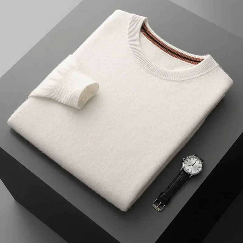 Color: Beige, Size: M, Ships From: CHINA - Autumn Winter Men's O-Neck Pullover Sweater 100% Cashmere Simple Basic Knitwear Cashmere Solid Color Clothing Casual Warm Tops