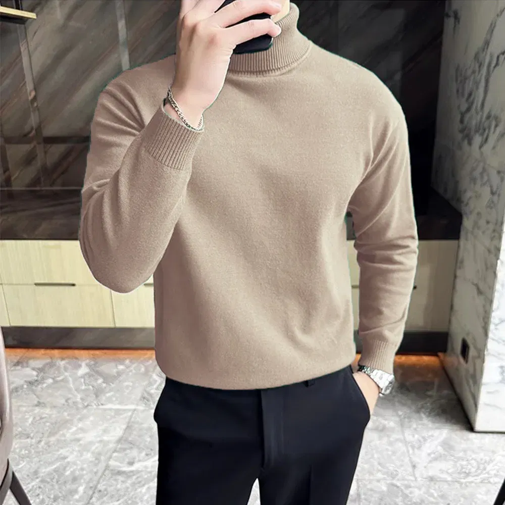 Color: Beige, Size: XL - Korean Fashion Autumn Winter Sweaters Men Pullovers Fleece Turtleneck Knitted Sweatshirt Warm Bottoming Shirts