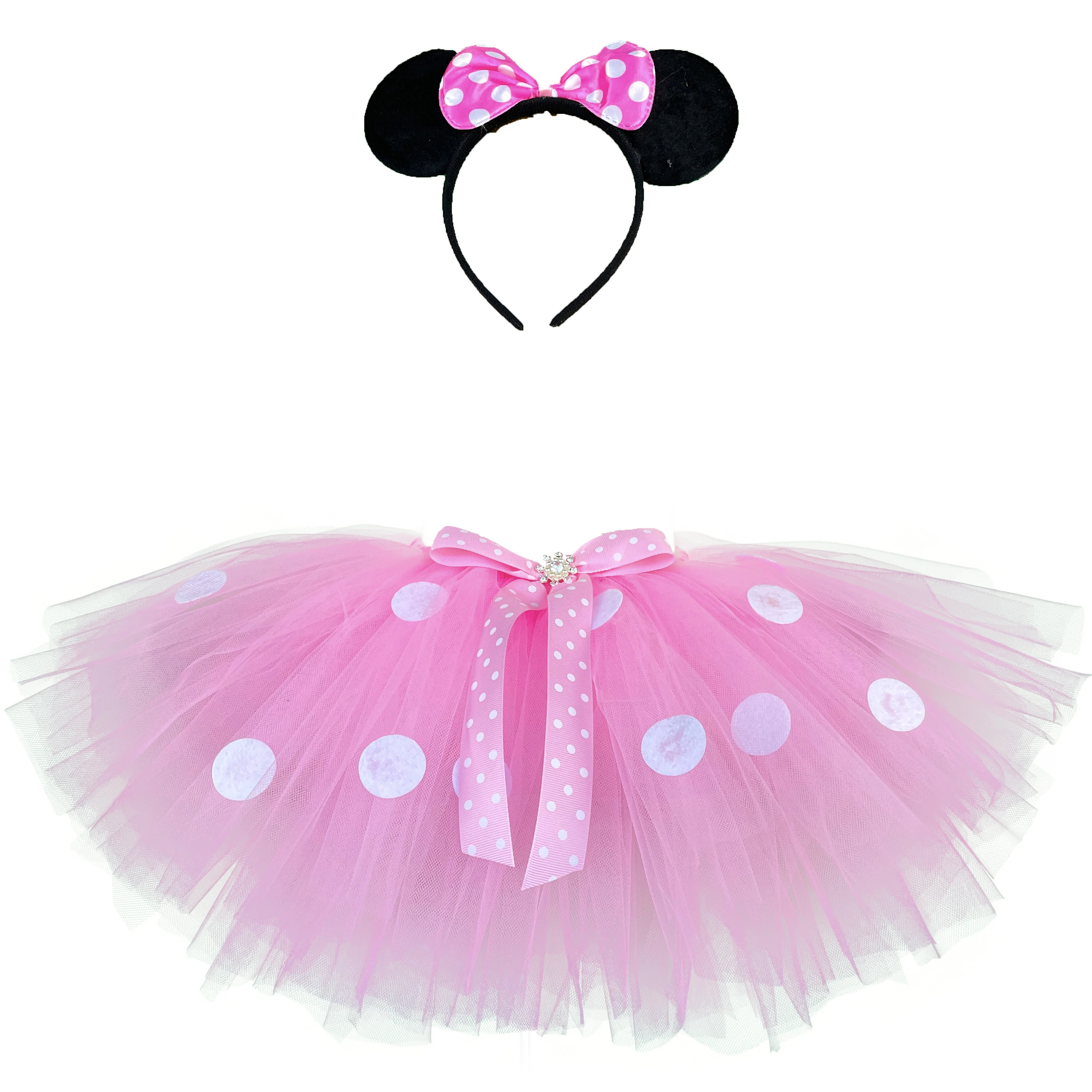 Color: MULTI, Kid Size: 6M - Girls Pink Cartoon Tutu Skirts Baby Ballet Tulle Pettiskirts with White Polka Dots and Hairbow Kids Cosplay Party Costume Skirt