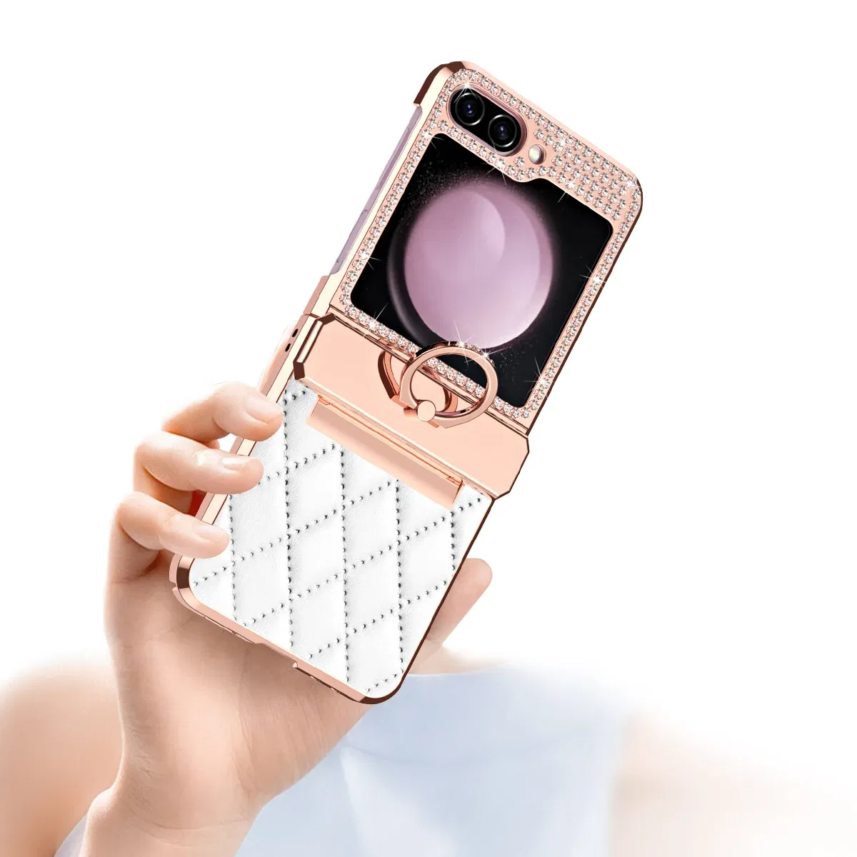 Color: Sky blue, Material: Aluminum - Diamonds Leather Plating Ring Holder Case For Samsung Galaxy Z Flip 5 4 3 5G Shockproof Hinge Protection Cover For Z Flip5
