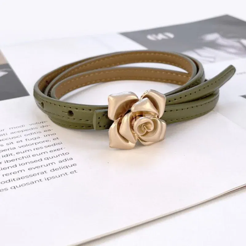 Color: Coffee, Belt Length: 105CM - 1.0cm New Unique Rose Genuine Leather Gold Belt Women Fashion Cowskin Flower Thin Belts Female Jeans Dress Waistband