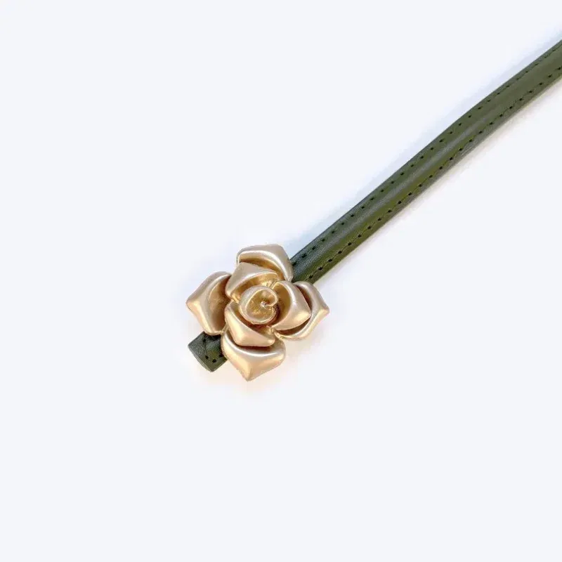 Color: Coffee, Belt Length: 105CM - 1.0cm New Unique Rose Genuine Leather Gold Belt Women Fashion Cowskin Flower Thin Belts Female Jeans Dress Waistband