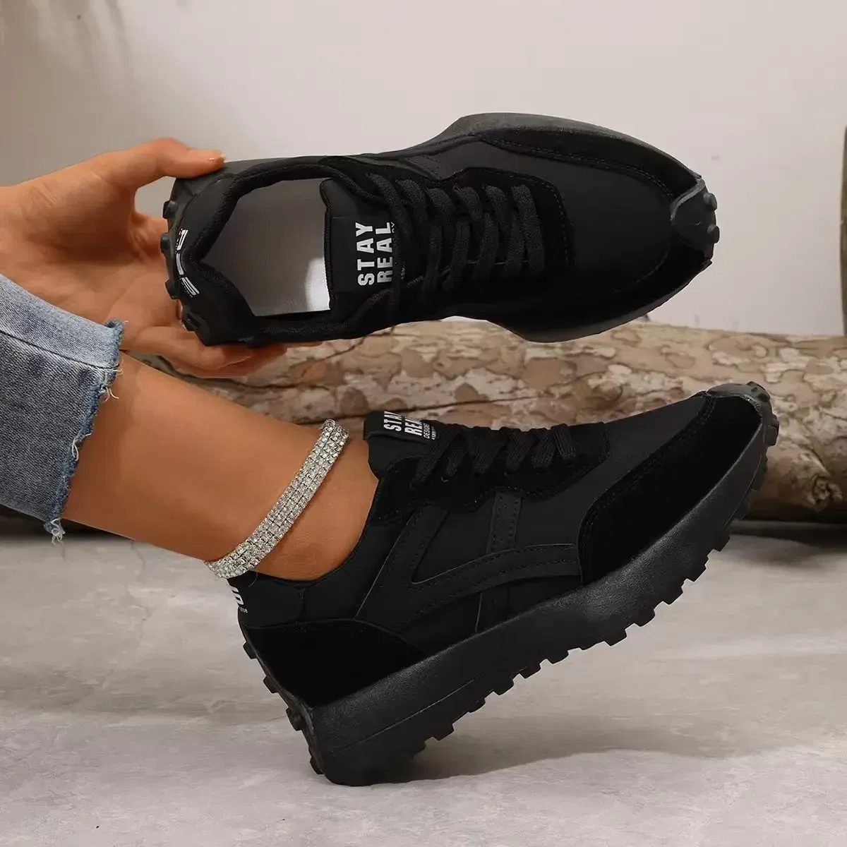 Color: Beige, Shoe Size: 38 - Women Sneakers Leather Luxury Platform Shoes New Fashion Leisure Light Anti-slip Black Running Shoe Fashion Designer Women Shoes