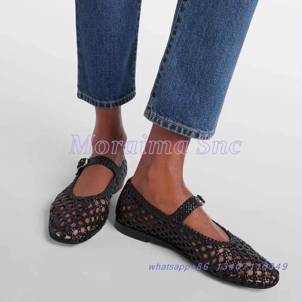Color: wine red, Shoe Size: 39 - Hollow Woven Leather Ballet Shoes Flat With Round Toe Ankle Buckle Strap Fashion Shallow Women Shoes Mary Janes Summer New 2025