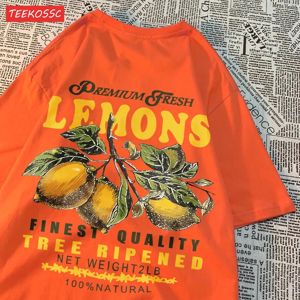 Color: Lake Blue, Size: L - Summer Lemon Cherries Prints T-Shirts Cotton Women's Tops Oversize O-Neck Soft Short Sleeve tees Street Casual Womans Clothes