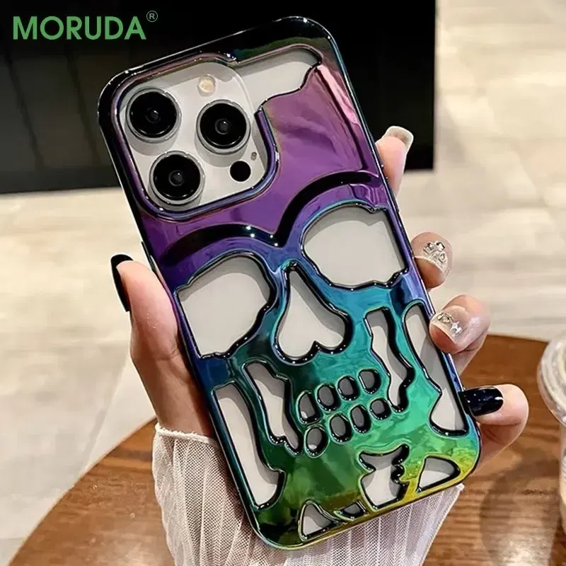Color: Green, Material: Denim - 3D Skull Ghostface Phone Case for iPhone 14 15 ProMax 11 12 13 Pro Max Plus Fashion Hollow Heat Dissipation Plating Slim Cover