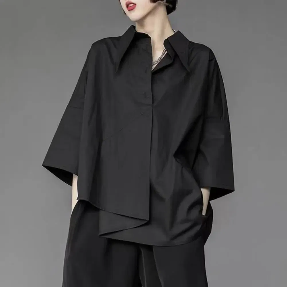 Color: Red, Size: M - Men Shirts Irregular Hem Black White Shirts Single Breasted Shorts Sleeves Handsome Blouse Men Women Tops Summer Spring Shirts