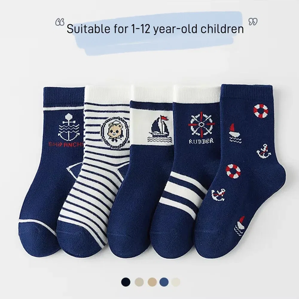 Color: Blue, Size: 4-6T - 1-14T Kids' Socks Spring Autumn Cotton Socks 5 Pairs/lot Soft Cotton Socks Calf Socks Little Big Boys Crew Sock