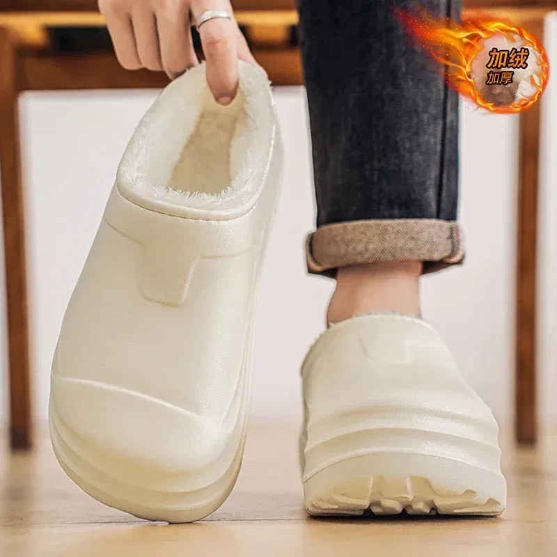 Color: black, Shoe Size: 45 - Eva Men's Chef Slippers Winter Slipper for Men Home Cotton Shoes Water Proof Anti-slip Keep Warm Height-increasing New Arrival