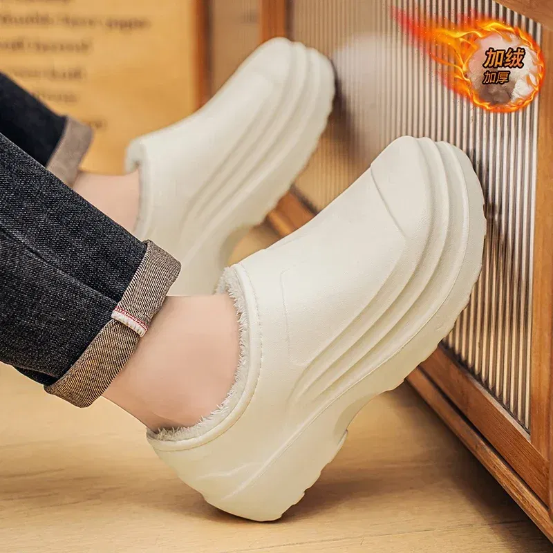 Color: black, Shoe Size: 45 - Eva Men's Chef Slippers Winter Slipper for Men Home Cotton Shoes Water Proof Anti-slip Keep Warm Height-increasing New Arrival