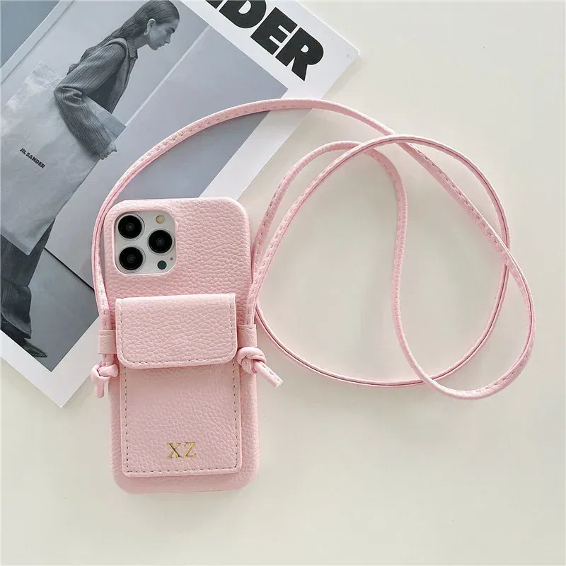 Color: pink, Material: Vinyl - Personalized Gold Silver Letters Leather PU Card Holder Lanyard Hard Case For iPhone 14 13 12 11 15 Pro Max XS XR 16  Plus Cover