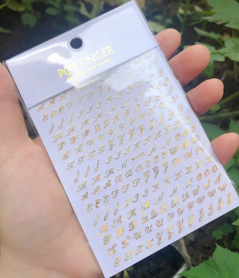 Color: Blue - 1PCS New English Alphabet Nail Stickers Multi-Color Laser Reflective Nail Slider Art Cool Text Nail Kit