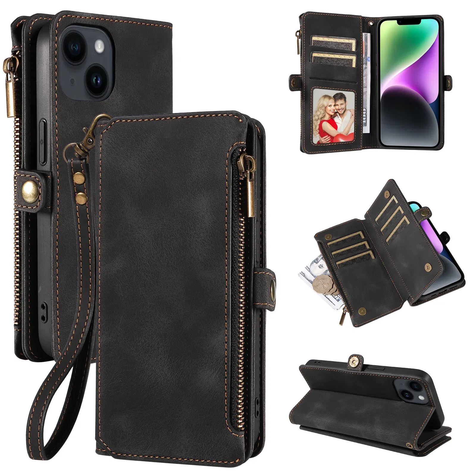 Color: black, Material: EVA - Zipper Multi 9 Cards Wallet Case for OPPO Reno 12 10 8 7 6 5 Pro 11F 11A 8T 6Z 5Z Retro Leather Lanyard Wrist Strap Phone Cover