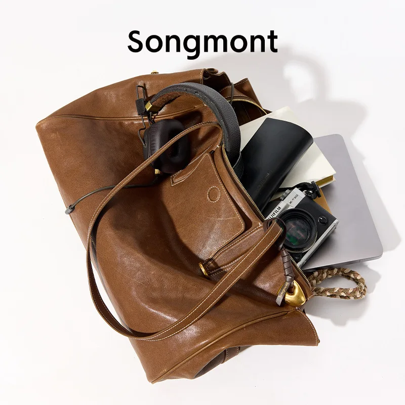 Color: Mustard - Songmont Tracking Series Travel Bag Vegetable Tanned Leather Briefcase, Simple Shoulder Bag