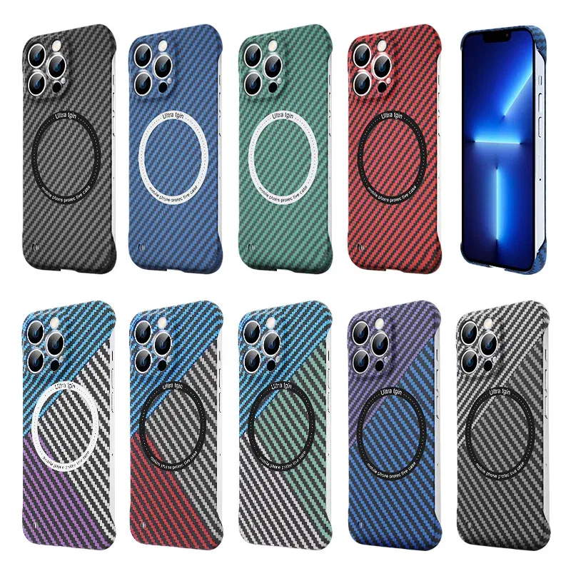 Color: Salmon Pink, Material: aluminum - Luxury Carbon Fiber for iPhone 11 14 Plus 12 13 Pro Max Magsafe Case Magnetic Wireless Hard Thin Slim Cover for iPhone 13 14 Max
