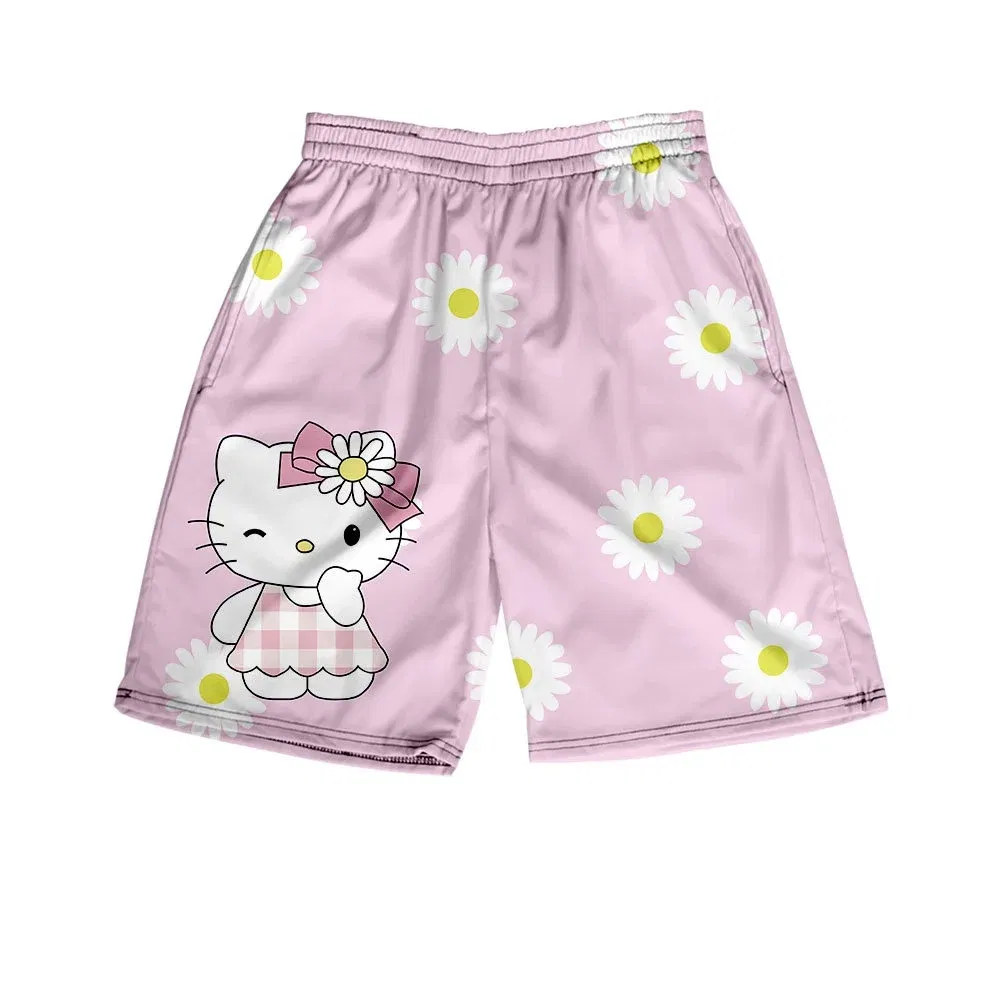 Color: Brown, Kid Size: 4T - Hello Kitty Summer Boy Girls Loose Shorts Versatile Trendy Slimmer Look Ins Casual Cropped Pants