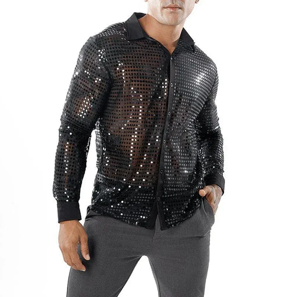 Color: Beige, Size: XL, Ships From: CHINA - 2023 Fashion Mens Sparkly Sequins Party Dance Shirts Retro 70s Disco Nightclub Shirt Tops Single Breasted Performance Clothing