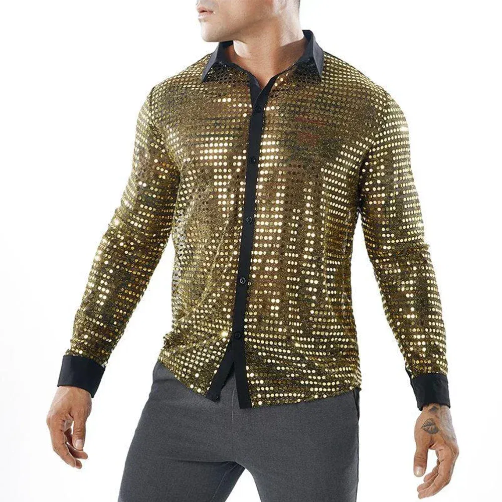 Color: Beige, Size: XL, Ships From: CHINA - 2023 Fashion Mens Sparkly Sequins Party Dance Shirts Retro 70s Disco Nightclub Shirt Tops Single Breasted Performance Clothing