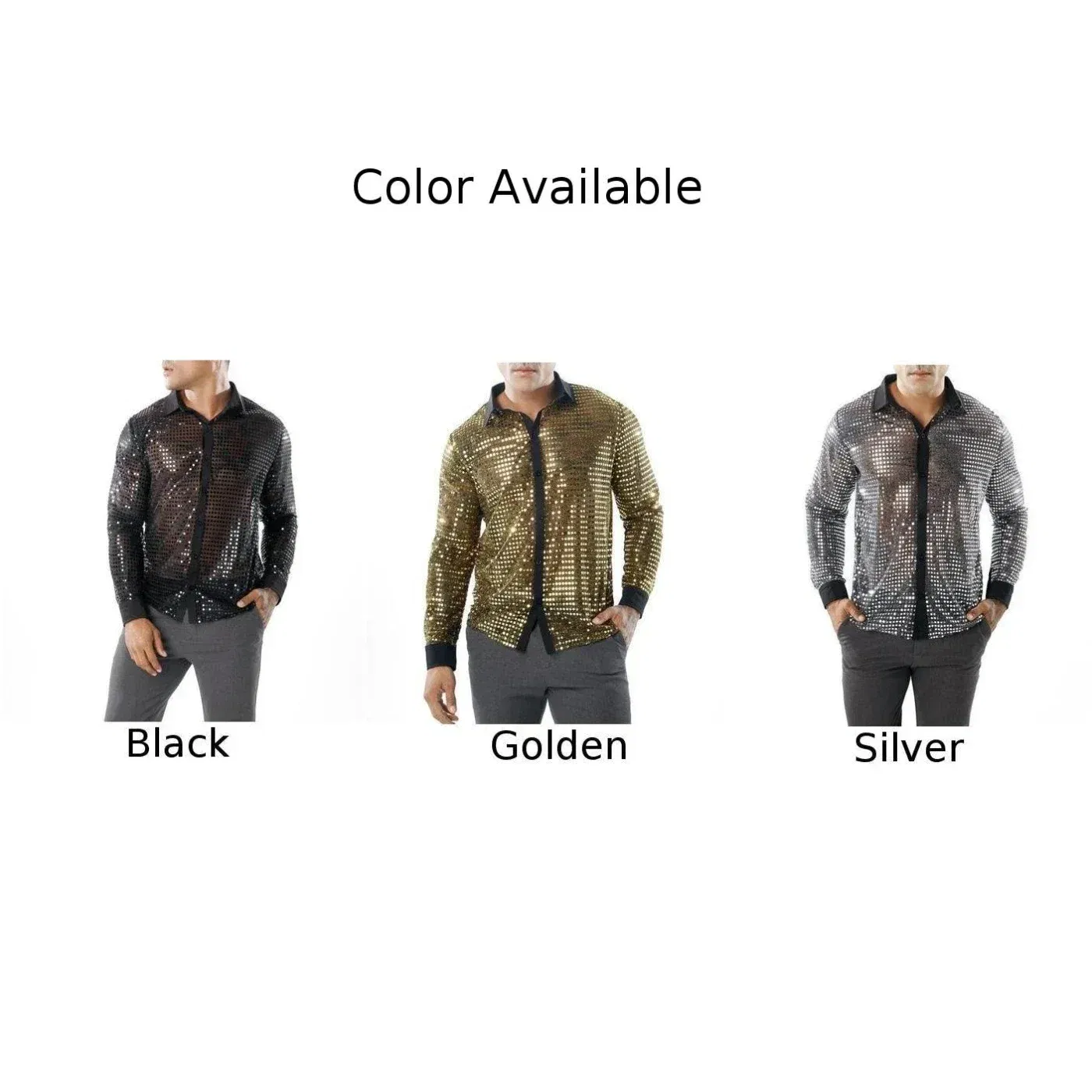 Color: Beige, Size: XL, Ships From: CHINA - 2023 Fashion Mens Sparkly Sequins Party Dance Shirts Retro 70s Disco Nightclub Shirt Tops Single Breasted Performance Clothing