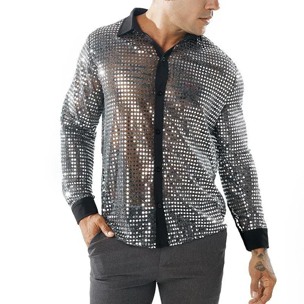 Color: Beige, Size: XL, Ships From: CHINA - 2023 Fashion Mens Sparkly Sequins Party Dance Shirts Retro 70s Disco Nightclub Shirt Tops Single Breasted Performance Clothing