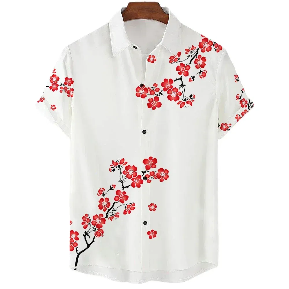 Color: Silver, Size: XXXL - Fashionable Luxury Social men's Shirt Lapel button-down Shirt Casual Japanese Aesthetic Cherry Blossom Print short-sleeved Tops
