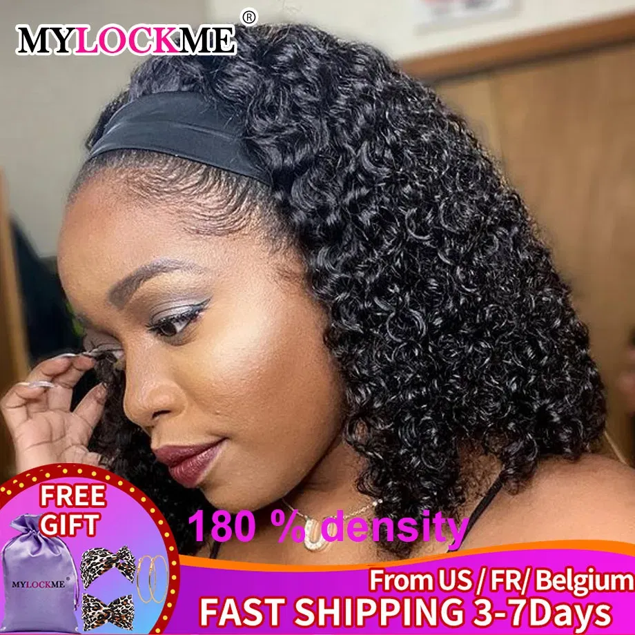 Hair Color: #130, Stretched Length: 20inches - Headband Wig Human Hair Kinky Curly MYLOCKME No Glue Full Machine Made Brazilian Remy Human Hair Wigs For Women 180% Density