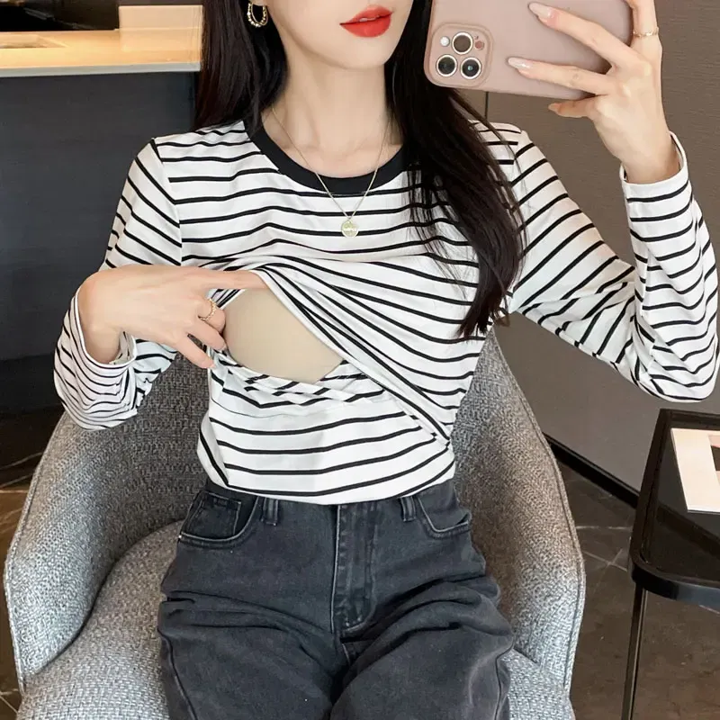 Color: green, Maternity Size: M - Striped Cotton Maternity Nursing Tees Casual Long Sleeve Breastfeeding T Shirts For Pregnant Women After Delivery Lacation Tops