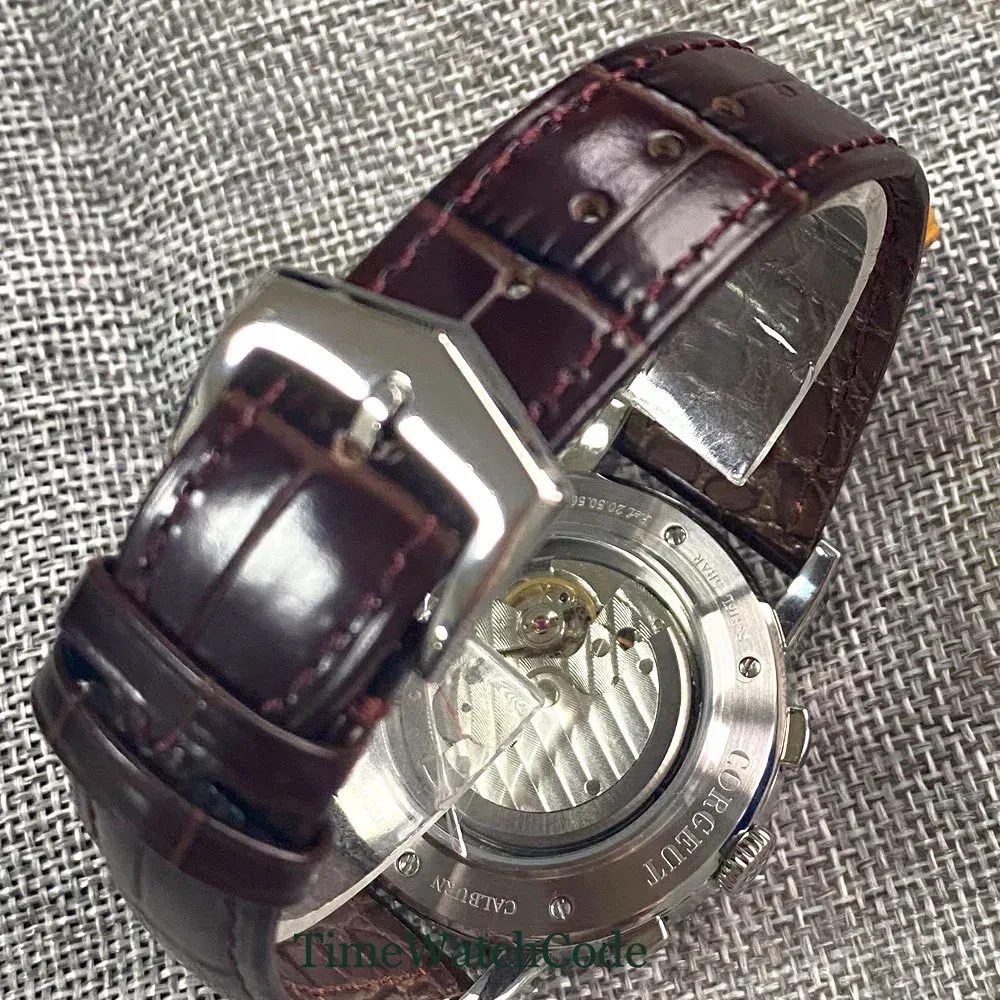 Color: Red - Corgeut 42mm Automatic Men's Watch Date Day Month Year Rose Gold Dial Multifunction 316L Leather Strap Polished Case Day Night