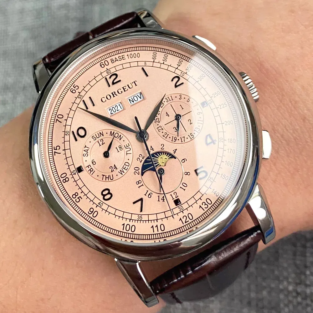 Color: Red - Corgeut 42mm Automatic Men's Watch Date Day Month Year Rose Gold Dial Multifunction 316L Leather Strap Polished Case Day Night
