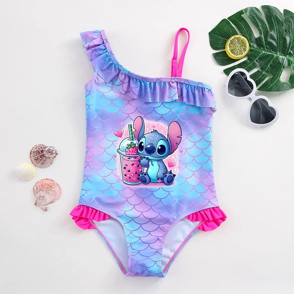 Color: ORANGE RED, Size: S - Stitch Girls Swimsuit Fashion Mermaid Fish Scale One-Piece Bathing Suits Children's Dresses Summer Swimwear Beach Suit Kids Wear