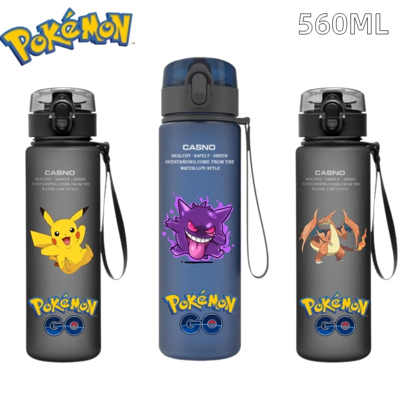 Color: Pink - 560ML Pokemon Water Cup Anime Portable Children's Cute Pikachu Gengar Plastic Outdoor Sports Large Capacity Water Bottle Gifts