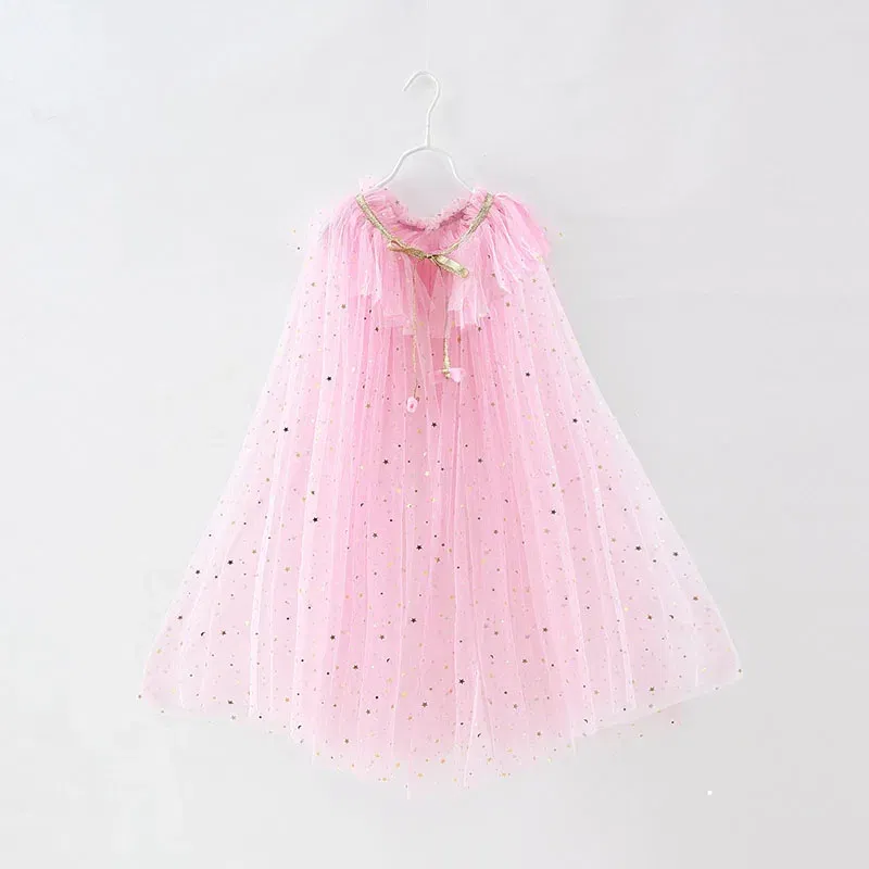 Color: Pink, Kid Size: 8T - Little Girls Sequins Tulle Cape Children Princess Party Dress Up Cloaks Summer Thin Blue Pink White Halloween Birthday Costumes