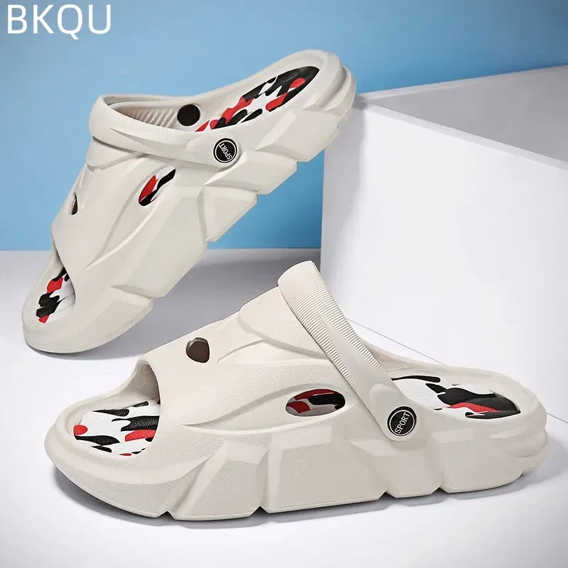 Color: Black, Shoe Size: 37 - Men's Beach Slippers Round Toe Lightweight Flat Bottom Waterproof Comfortable Trend Versatile Breathable Non-slip Large Size
