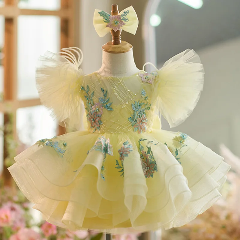 Color: Pink, Kid Size: 12t - New baby girl toddler dress birthday party dress exquisite unique girl sweet little fly sleeve cake skirt