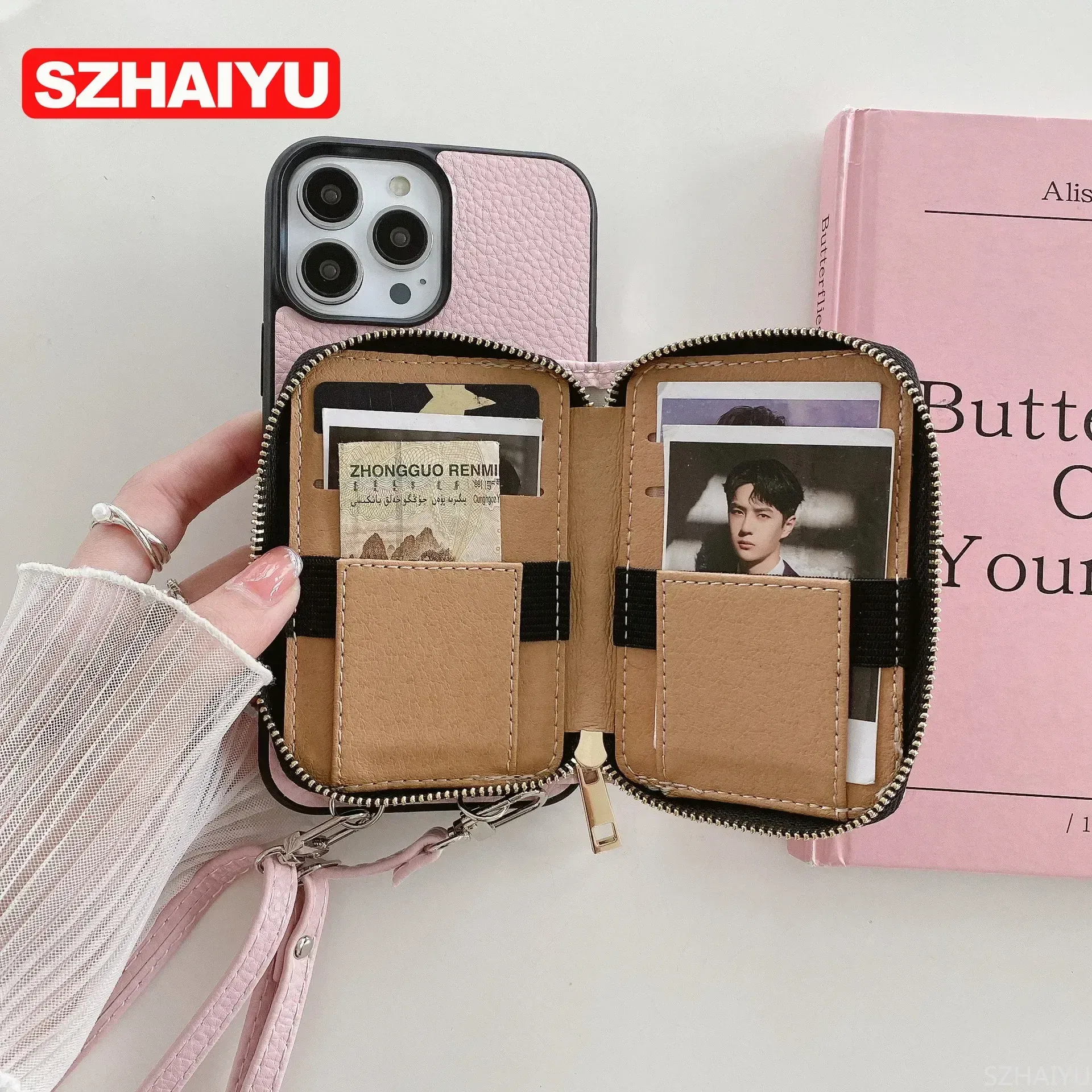 Material: PP, Color: Brown - Zipper Wallet Phone Case For iPhone 16 15 14 13 12 Mini 11 Pro XS Max X Plus Card Slot Holder Crossbody Lanyard Leather Cover
