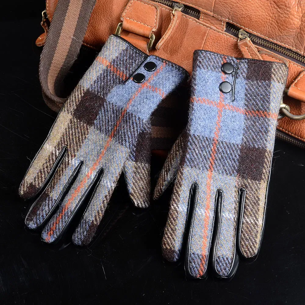 New Men's Male Wool Tweed & Leather Winter Warm Thicker Lining fashion Touch Screen Driving Short Gloves