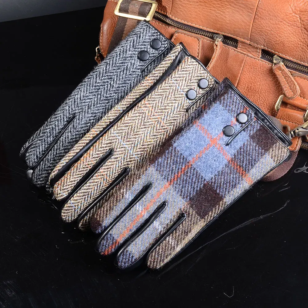 New Men's Male Wool Tweed & Leather Winter Warm Thicker Lining fashion Touch Screen Driving Short Gloves