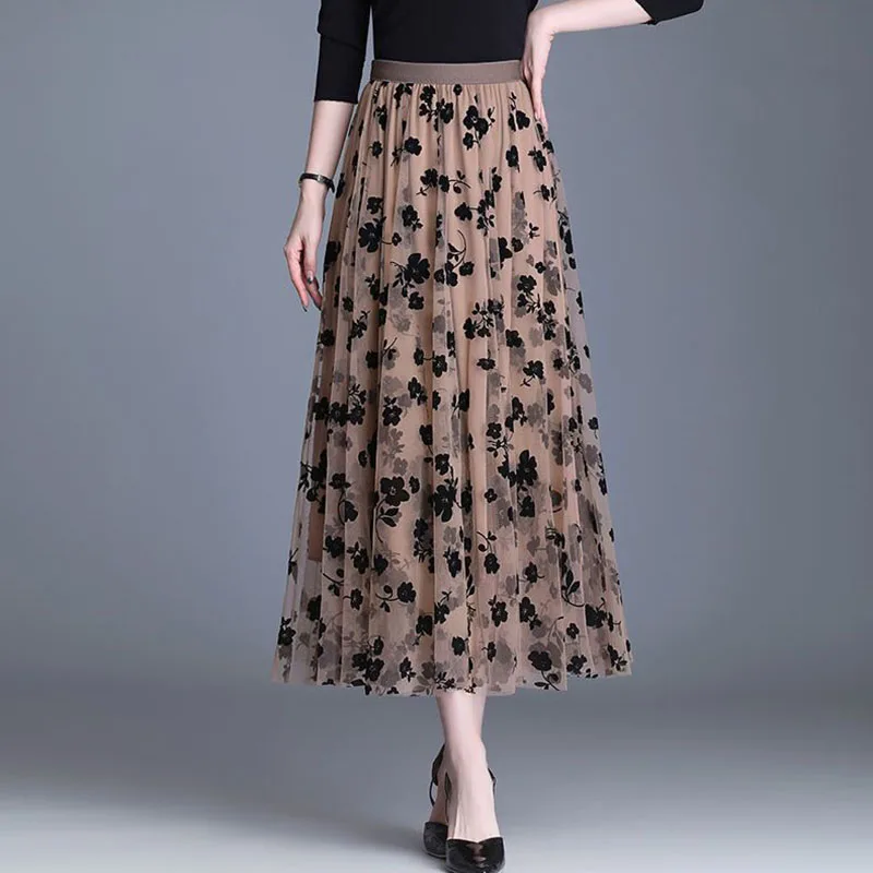 Color: ROYAL BLUE, Size: L - GIDYQ Korean Women Mesh Skirt Fashion Hook Flower Loose Midi Skirt Elegant Female Casual All Match Skirts Summer New