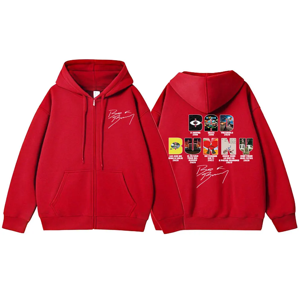 Color: black, Size: XL - Rapper Bad Bunny Music Album Cover Print Zipper Hoodies Men Women Clothing Hip Hop Zip Up Sweatshirts Long Sleeve Hoodie Jackets
